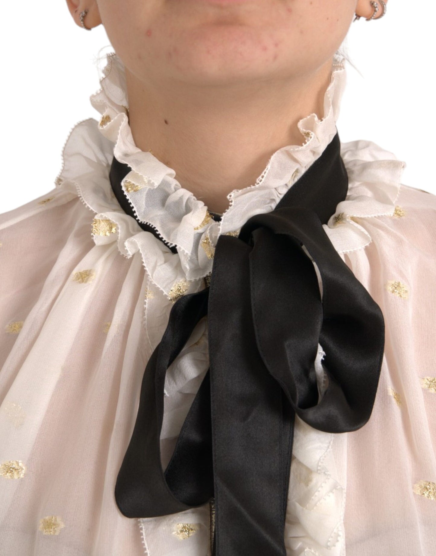 Dolce &amp; Gabbana Off White Silk Blend Ascot Collar Top Blouse Top