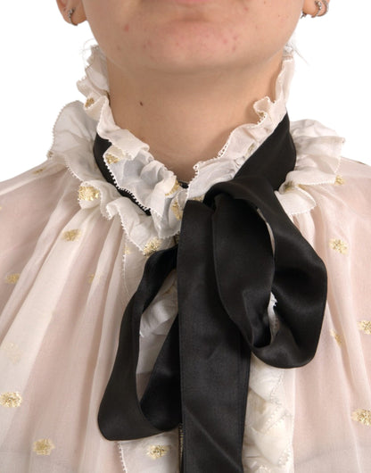 Dolce &amp; Gabbana Off White Silk Blend Ascot Collar Top Blouse Top
