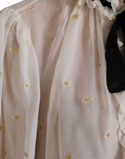 Dolce &amp; Gabbana Off White Silk Blend Ascot Collar Top Blouse Top