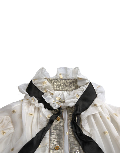 Dolce &amp; Gabbana Off White Silk Blend Ascot Collar Top Blouse Top