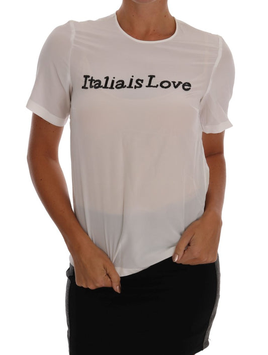 Шовкова біла блуза Dolce &amp; Gabbana з блискітками «Italia Is Love».