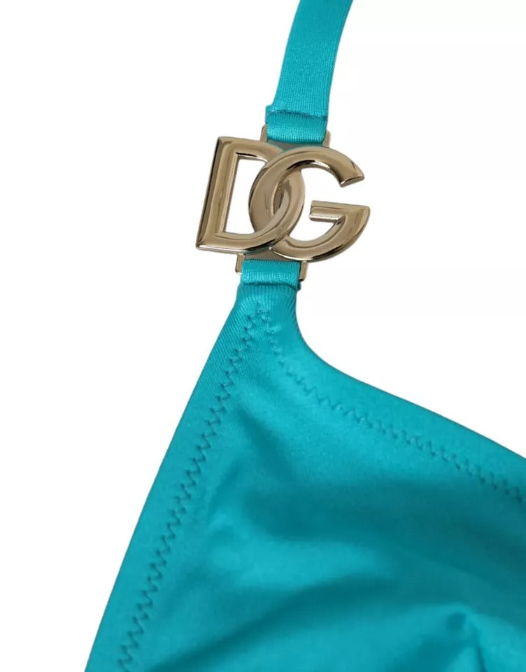 Dolce &amp; Gabbana Blue Green Halter DG Logo Swimwear Beachwear Top Bikini