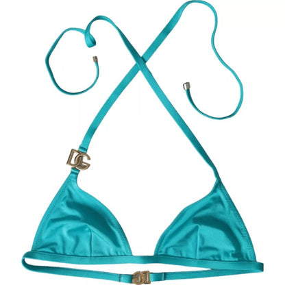 Dolce &amp; Gabbana Blue Green Halter DG Logo Swimwear Beachwear Top Bikini