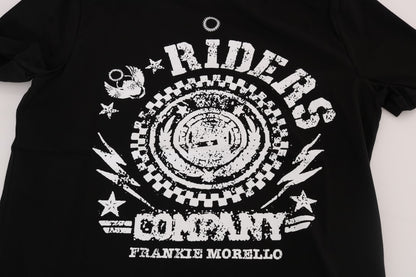 Розкішна чорна футболка Frankie Morello з круглим вирізом і мотивом «RIDERS».