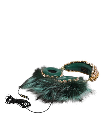 Dolce &amp; Gabbana Green Gold Crystal Fur Headset Audio AUX Навушники