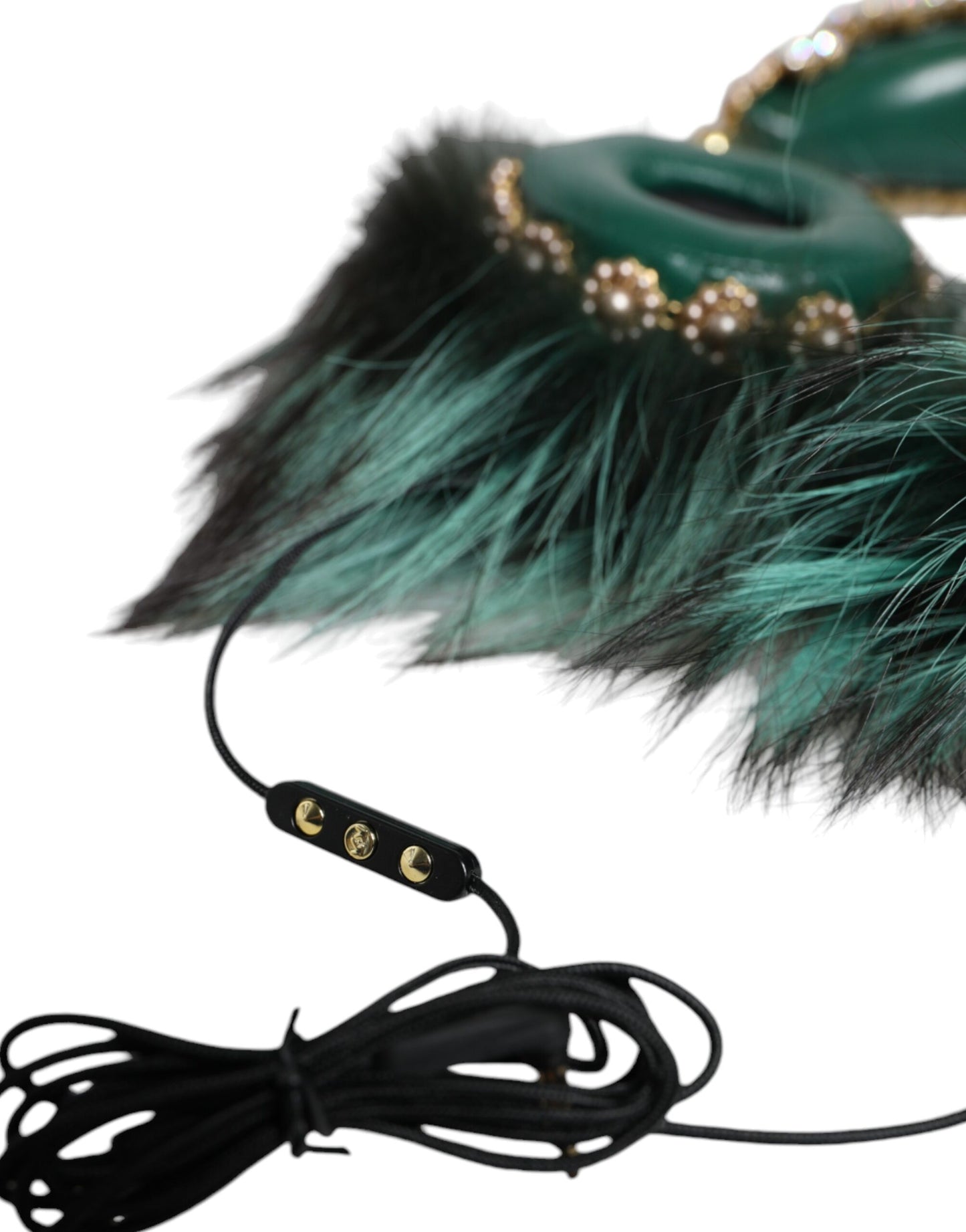 Dolce &amp; Gabbana Green Gold Crystal Fur Headset Audio AUX Навушники