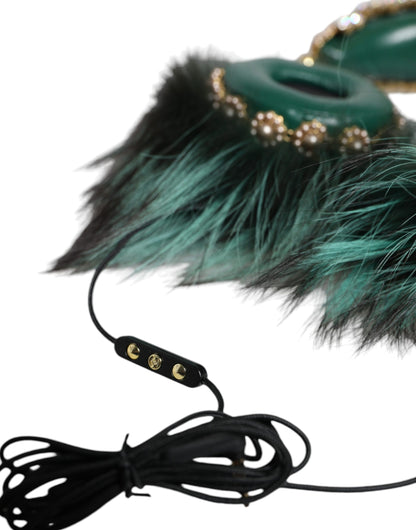 Dolce &amp; Gabbana Green Gold Crystal Fur Headset Audio AUX Навушники