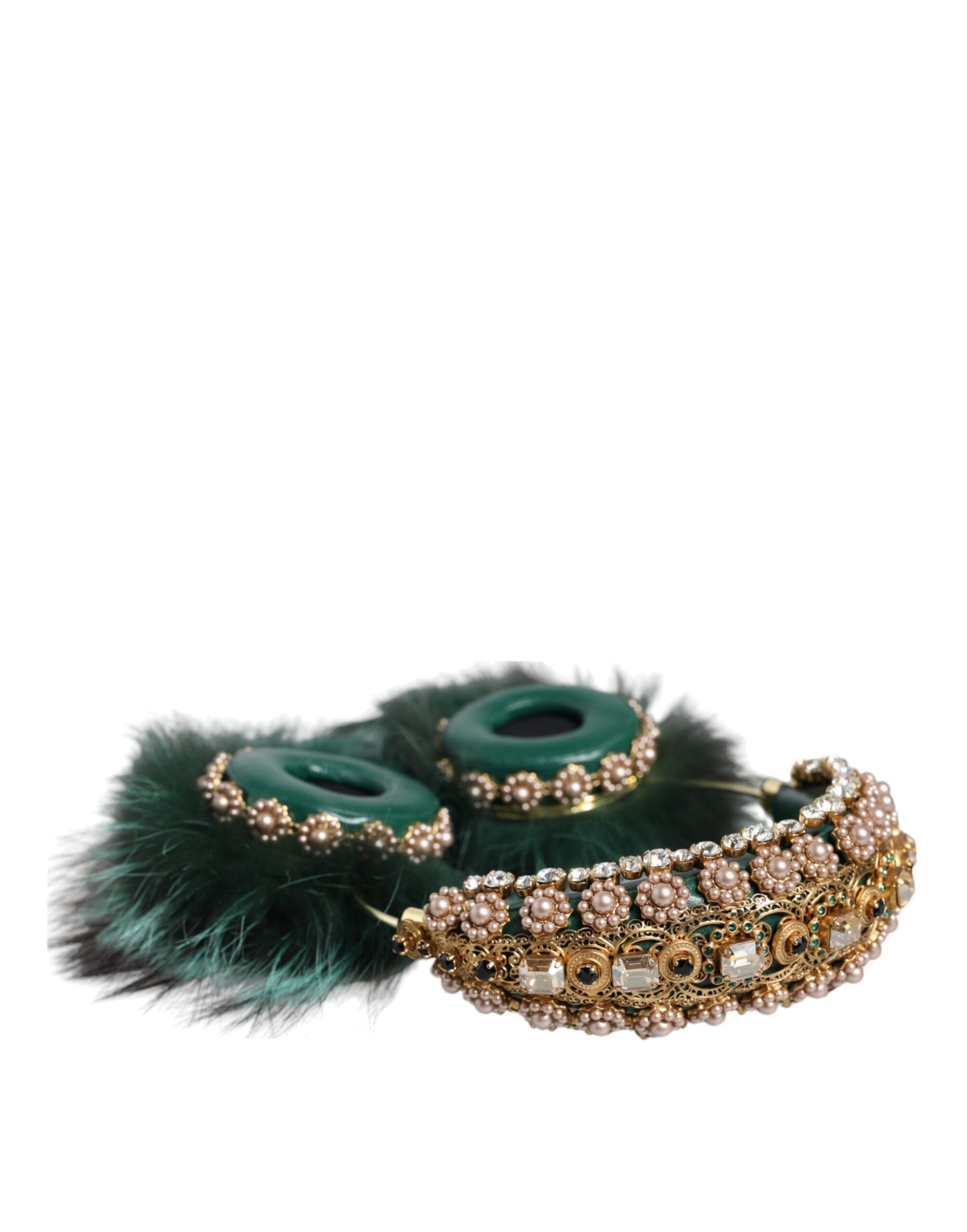 Dolce &amp; Gabbana Green Gold Crystal Fur Headset Audio AUX Навушники
