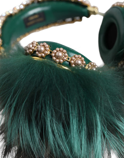 Dolce &amp; Gabbana Green Gold Crystal Fur Headset Audio AUX Навушники