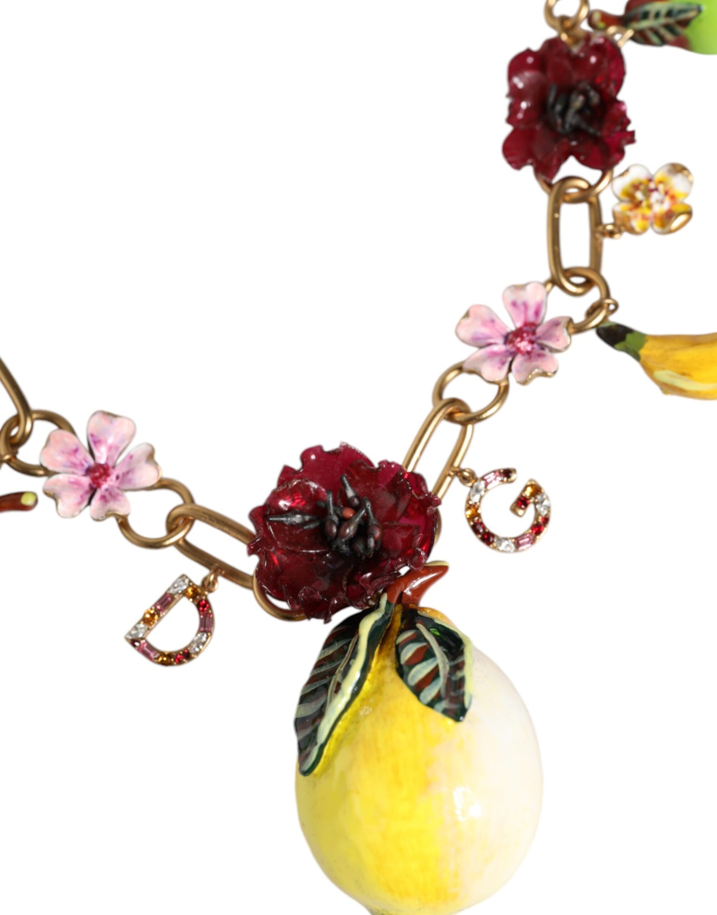 Dolce &amp; Gabbana Золоті латуні ФРУКТИ Підвіски Квіти Кришталевий логотип Намисто