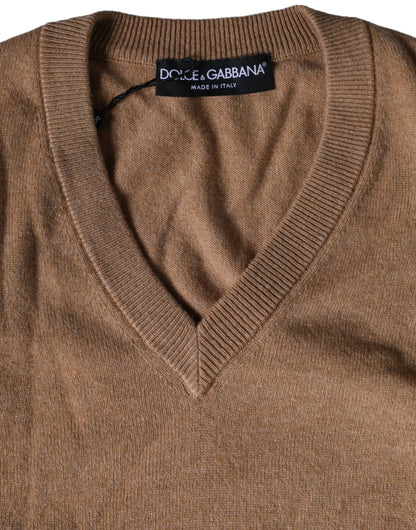 Коричневий кашеміровий в'язаний пуловер із V-подібним вирізом Dolce &amp; Gabbana