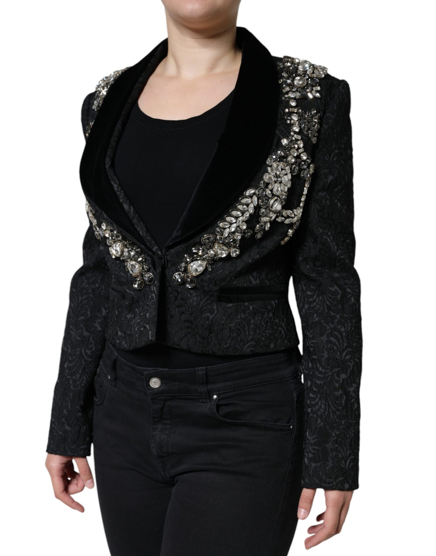 Чорний жаккардовий піджак Dolce &amp; Gabbana Crystal Floral Blazer