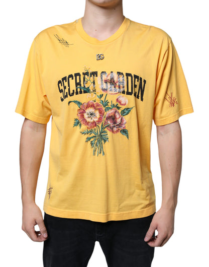 Бавовняна футболка Dolce &amp; Gabbana Yellow Secret Graden із квітковим вирізом і круглим вирізом
