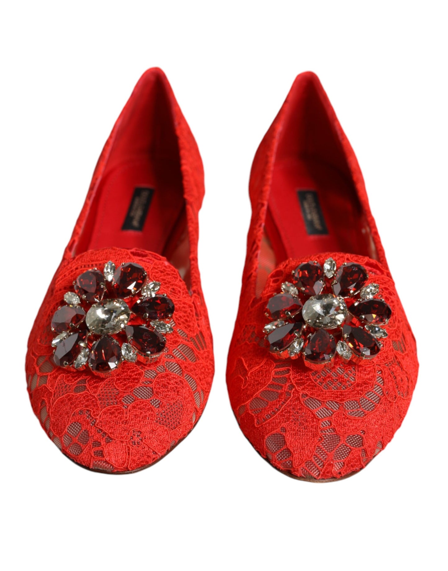 Балетки Dolce &amp; Gabbana з червоним мереживом і кристалами. Лофери