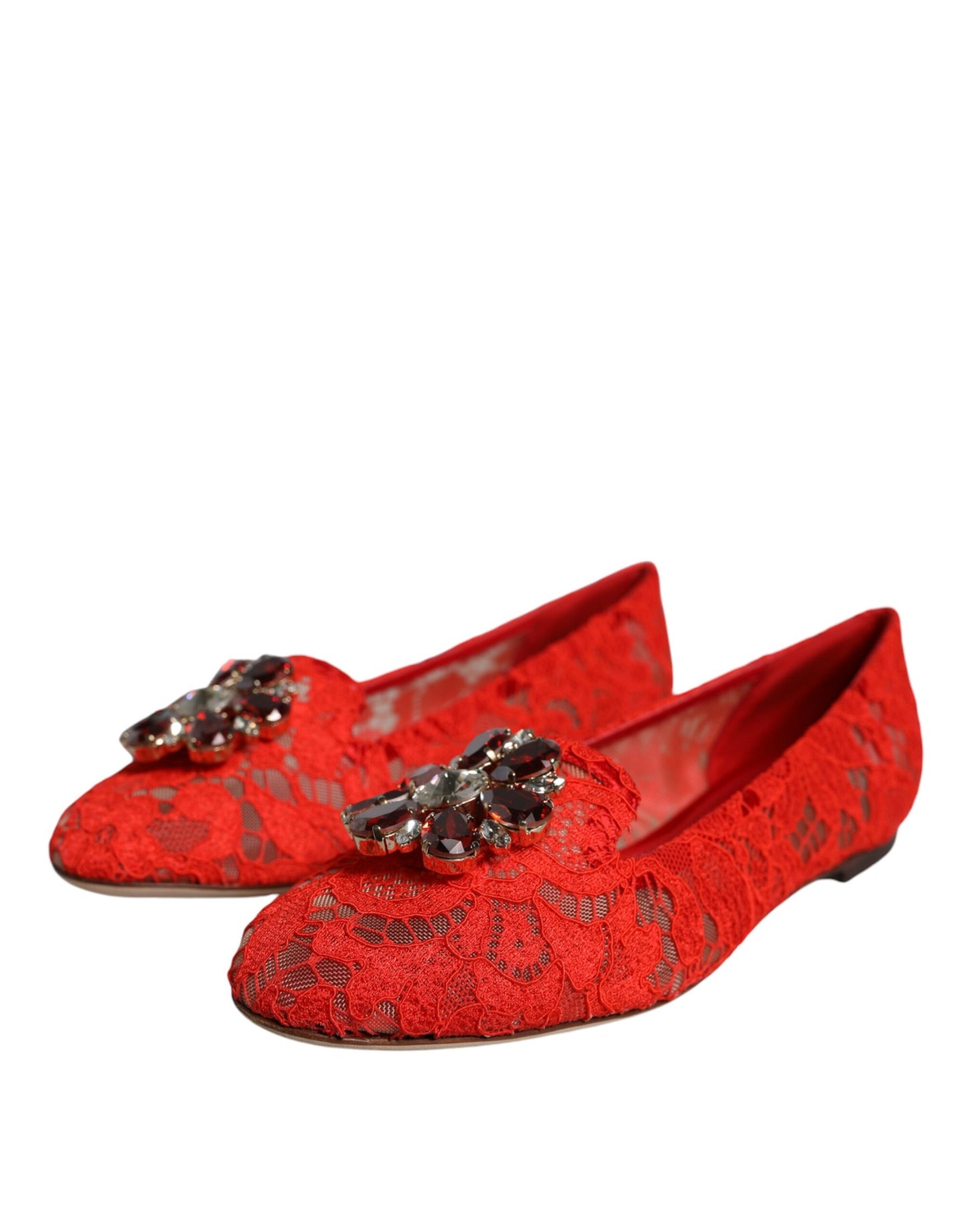 Балетки Dolce &amp; Gabbana з червоним мереживом і кристалами. Лофери