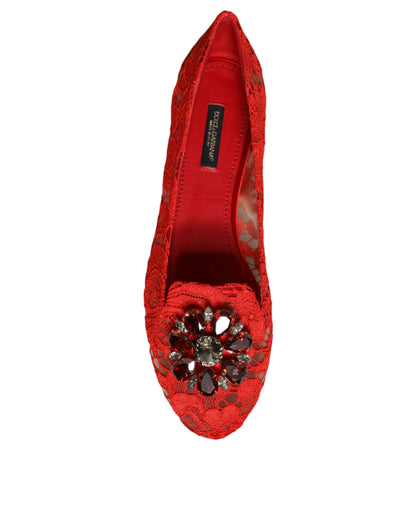Балетки Dolce &amp; Gabbana з червоним мереживом і кристалами. Лофери