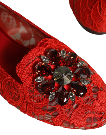 Балетки Dolce &amp; Gabbana з червоним мереживом і кристалами. Лофери