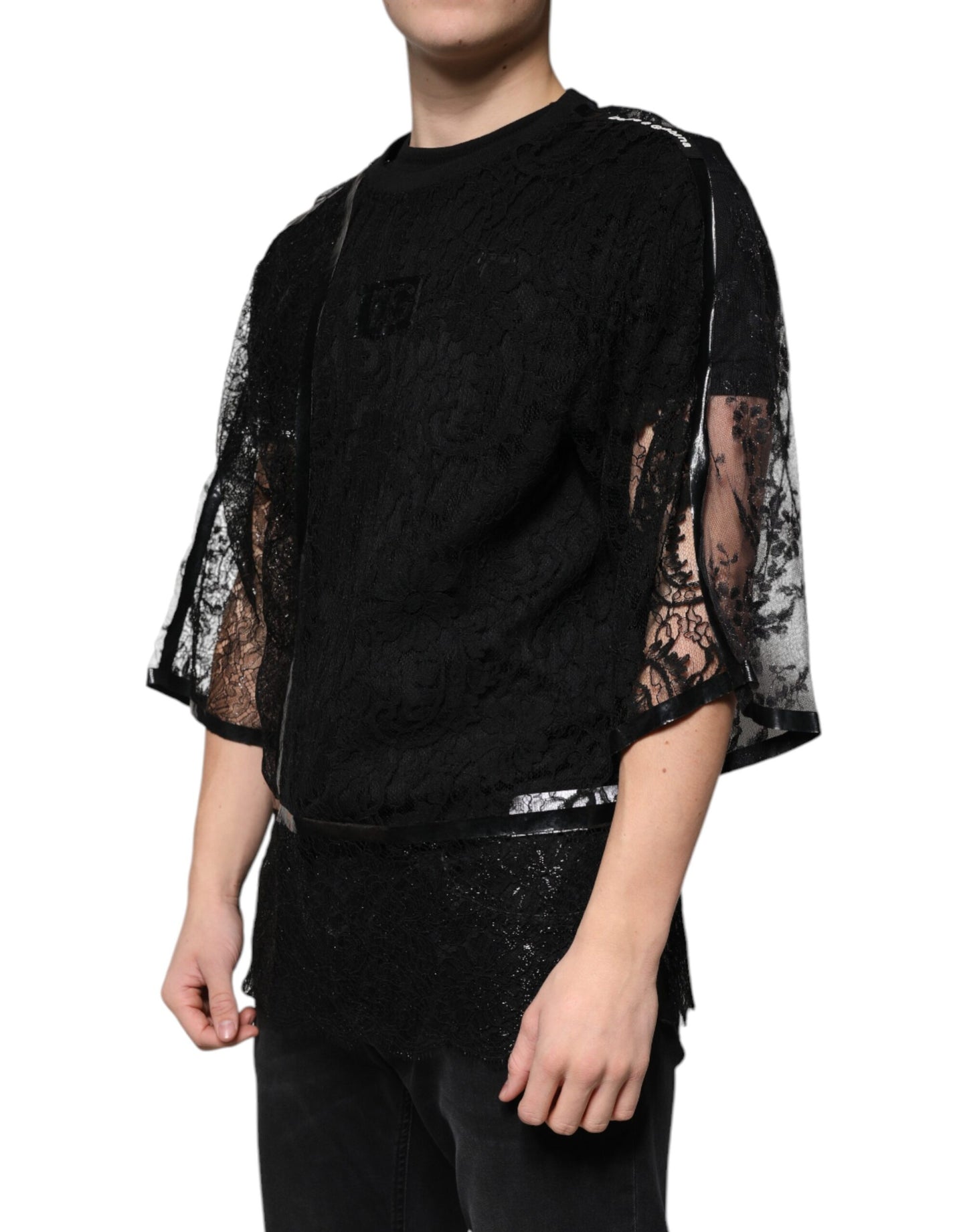 Чорна нейлонова футболка з круглим вирізом із квітковим мереживом Dolce &amp; Gabbana
