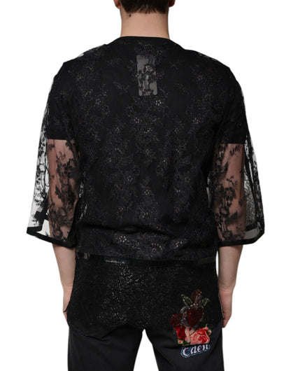 Чорна нейлонова футболка з круглим вирізом із квітковим мереживом Dolce &amp; Gabbana