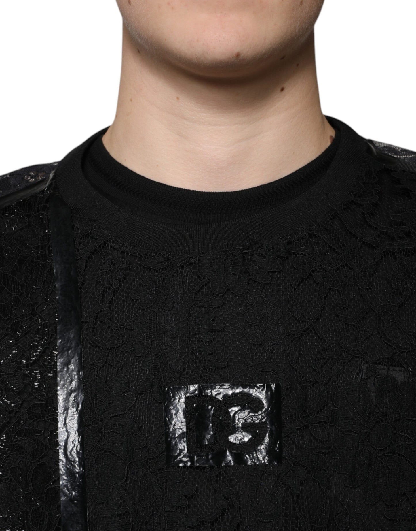 Чорна нейлонова футболка з круглим вирізом із квітковим мереживом Dolce &amp; Gabbana