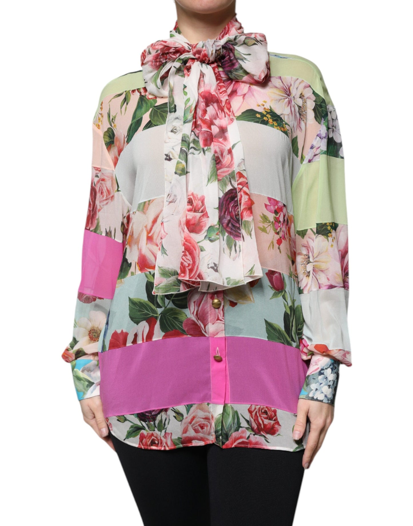 Dolce &amp; Gabbana, різнокольоровий топ з коміром Ascot і квітковим печворком