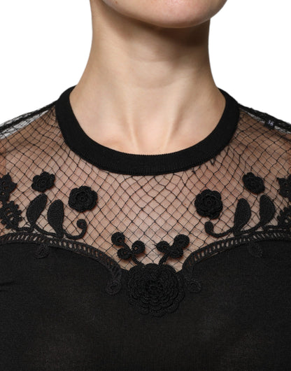 Чорна мереживна блузка з квітковим принтом Dolce &amp; Gabbana з короткими рукавами