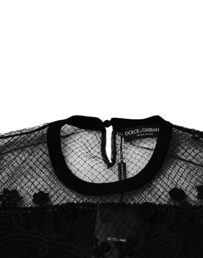 Чорна мереживна блузка з квітковим принтом Dolce &amp; Gabbana з короткими рукавами
