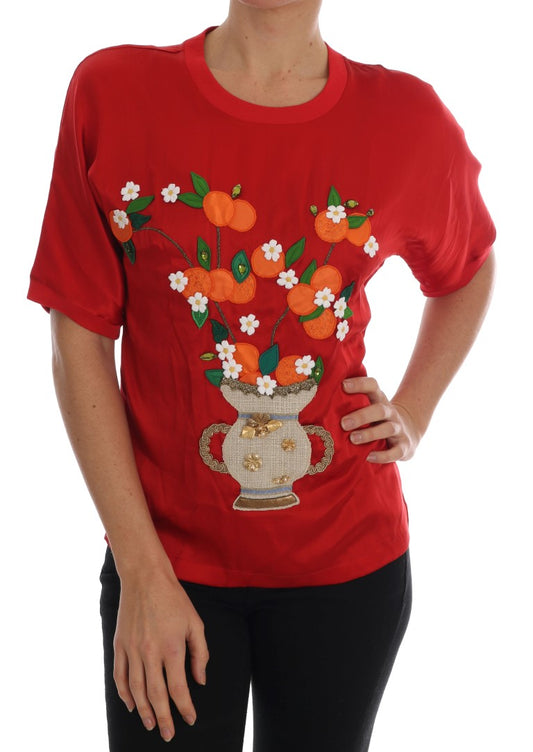 Червоний шовковий елегантний топ Dolce &amp; Gabbana з квітковою вишивкою