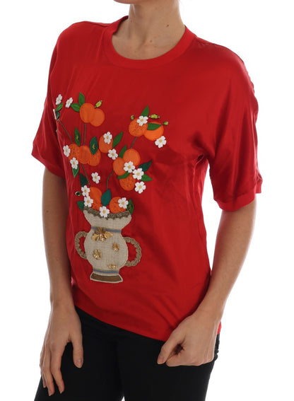 Червоний шовковий елегантний топ Dolce &amp; Gabbana з квітковою вишивкою