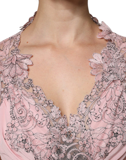 Ermanno Scervino Рожева сукня міді з квітковим мереживом і короткими рукавами з v-подібним вирізом