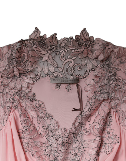 Ermanno Scervino Рожева сукня міді з квітковим мереживом і короткими рукавами з v-подібним вирізом