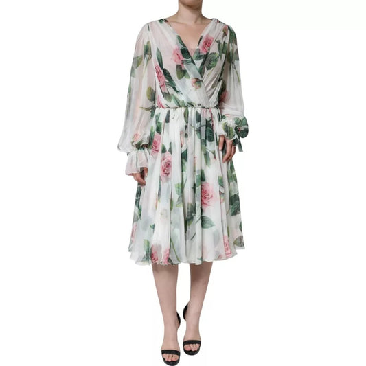 Біла шовкова сукня-міді з квітковим принтом Dolce &amp; Gabbana