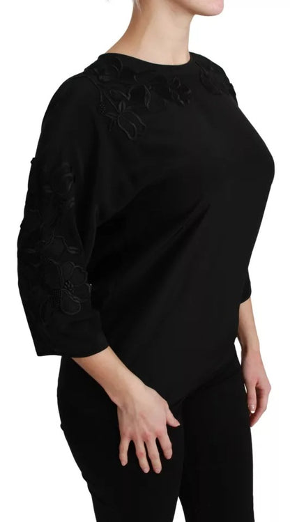 Чорна блузка Dolce &amp; Gabbana з вишитою квіткою, шовковий топ