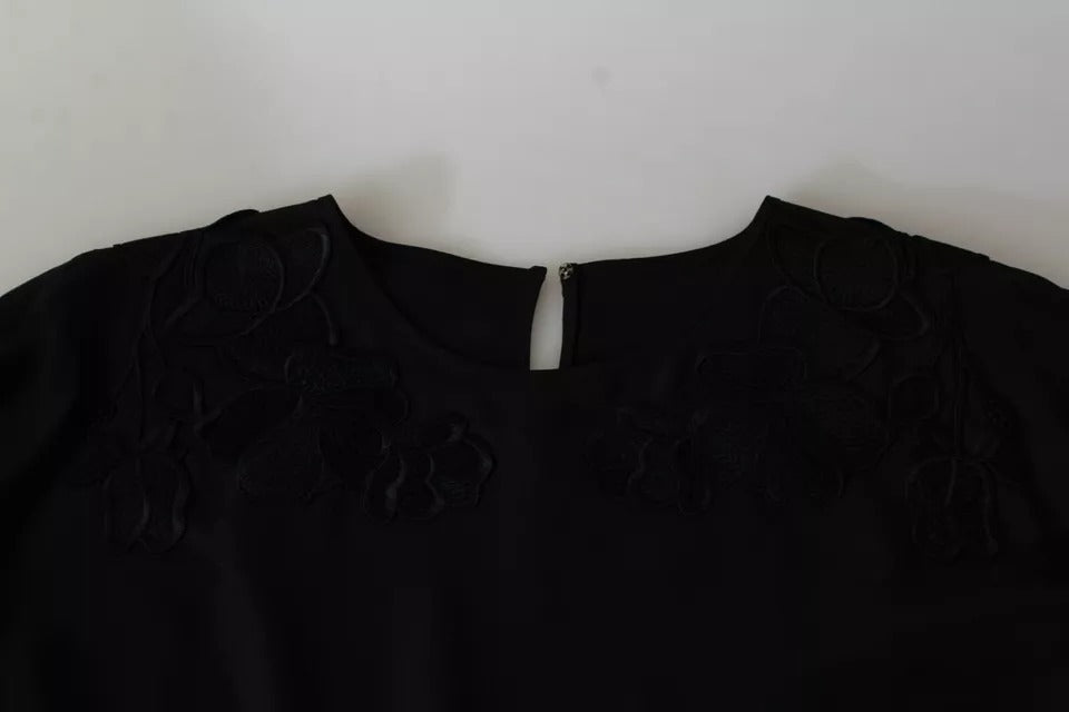 Чорна блузка Dolce &amp; Gabbana з вишитою квіткою, шовковий топ
