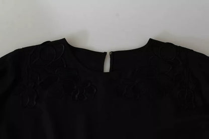 Чорна блузка Dolce &amp; Gabbana з вишитою квіткою, шовковий топ