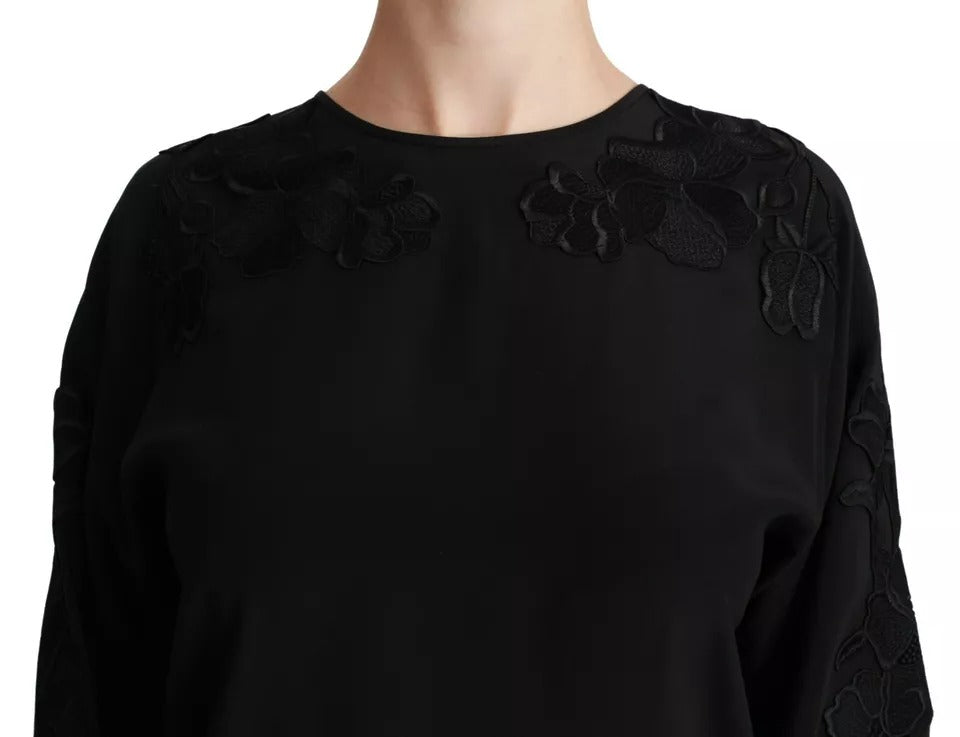 Чорна блузка Dolce &amp; Gabbana з вишитою квіткою, шовковий топ