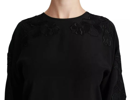 Чорна блузка Dolce &amp; Gabbana з вишитою квіткою, шовковий топ