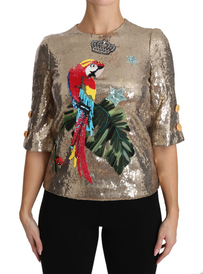 Блуза Dolce &amp; Gabbana із круглим вирізом із золотим папугою та кристалами