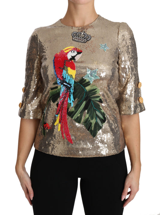 Блуза Dolce &amp; Gabbana із круглим вирізом із золотим папугою та кристалами