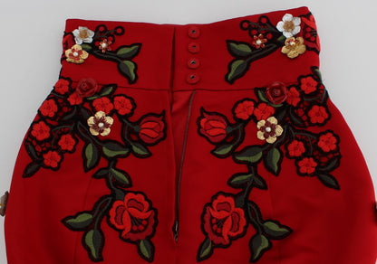 Гламурні червоні шовкові шорти з квітковою вишивкою Dolce &amp; Gabbana