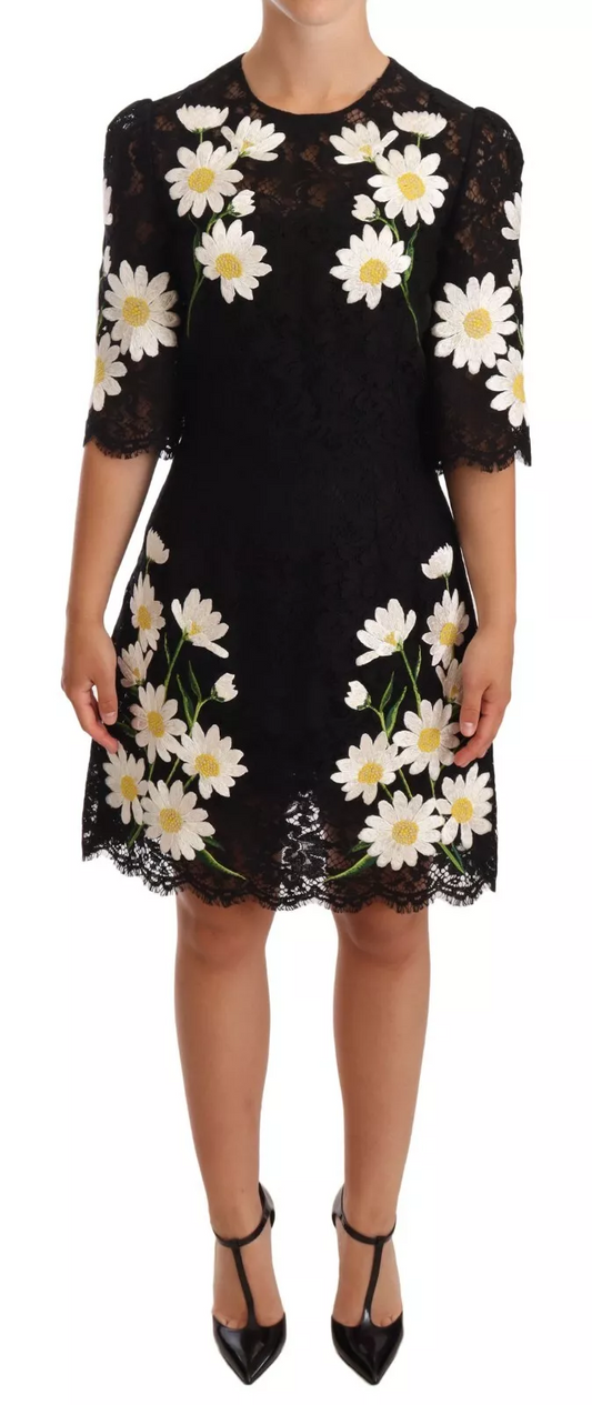 Чорна мереживна сукня Dolce &amp; Gabbana з квітковою вишивкою кольору ромашки